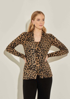 Misook Leopard Print Open Front Cashmere Cardigan