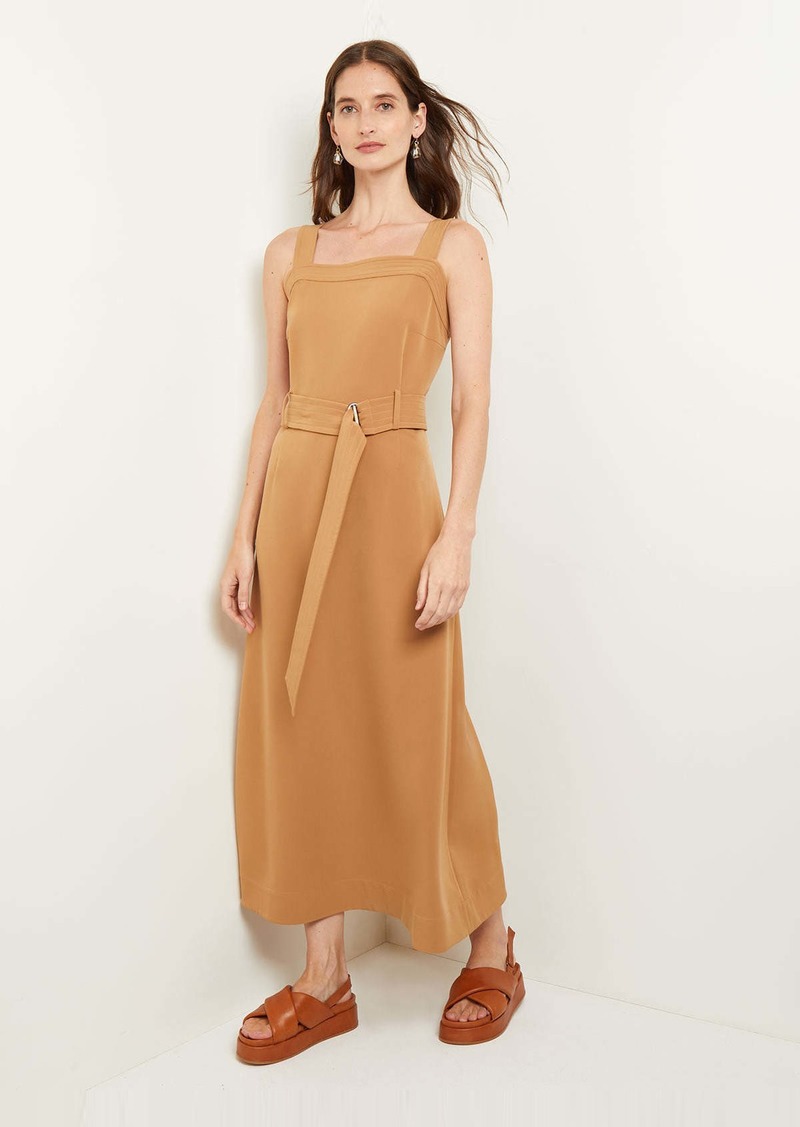 Misook Maxi A-Line Dress - Belted Square Neck Stretch Woven