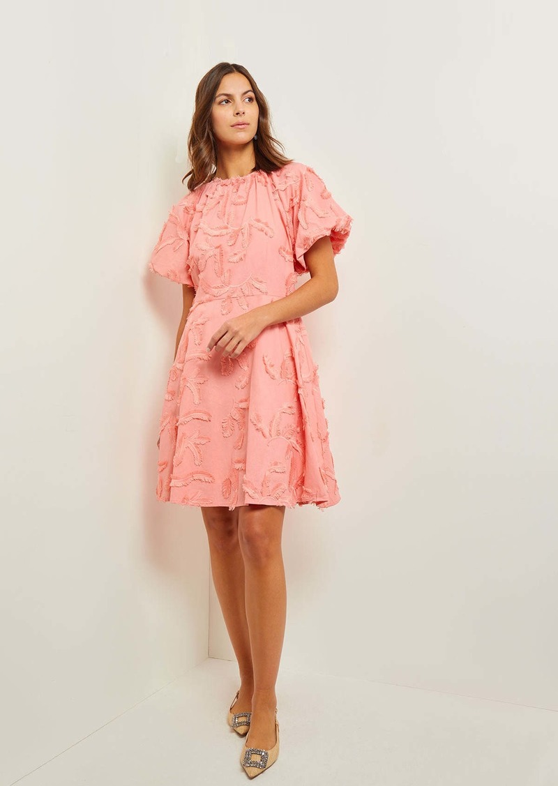 Misook Mini Fit & Flare Dress - Puff Sleeve Fringe Applique Cotton