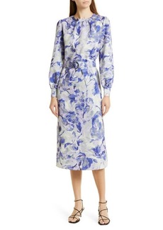 Misook Belted Floral Puff Long Sleeve Dress in Strm Wisteria Mink Prl Gry Blk at Nordstrom