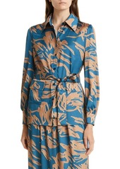 Misook Brushstroke Print Belted Crepe Tunic Blouse in Galactc Teal Itl Cly Bisct Blk at Nordstrom