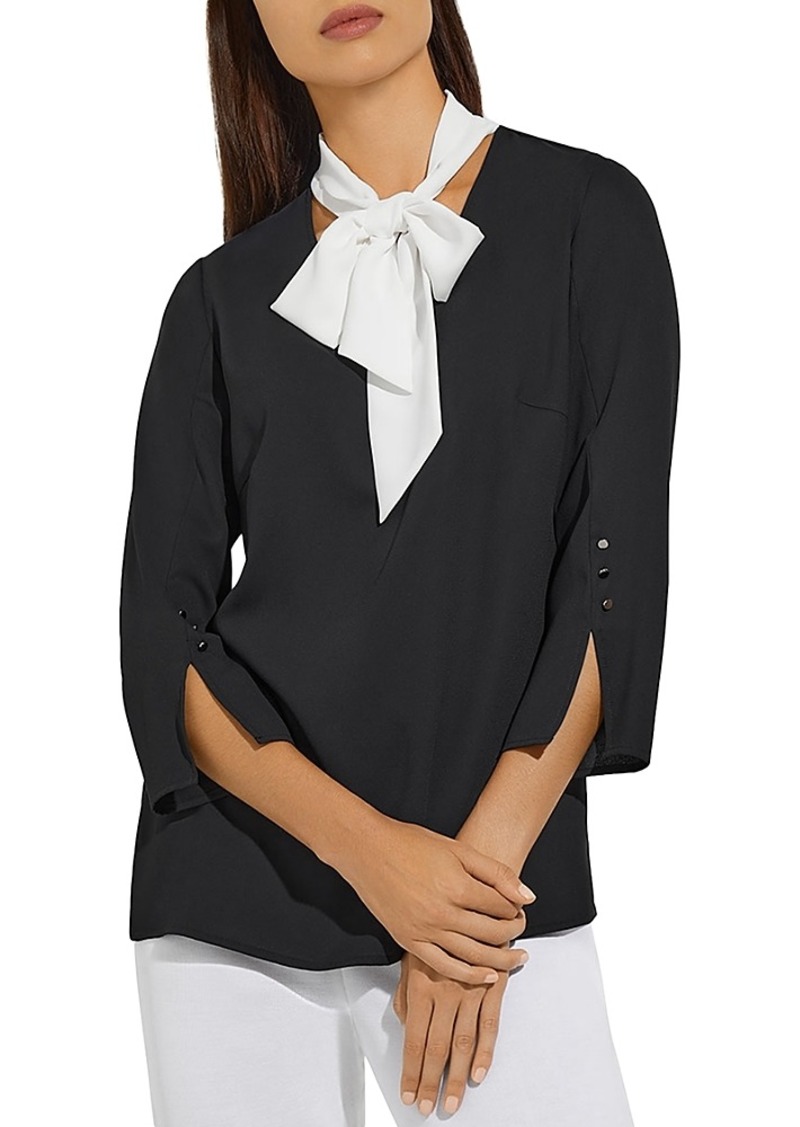 Misook Contrast Tie V-Neck Crepe de Chine Blouse