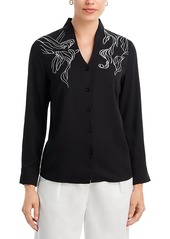 Misook Embroidered Button Front Crepe Top