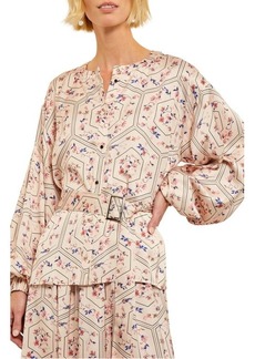 Misook Floral Balloon Sleeve Belted Shirt
