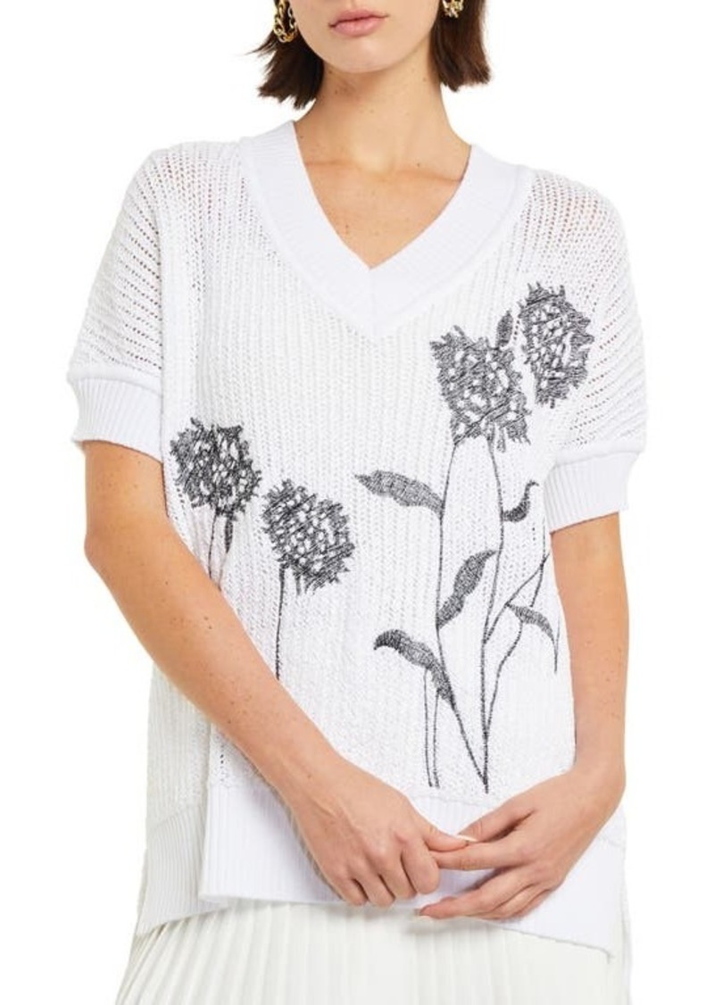Misook Floral Embroidered Short Sleeve Tunic Sweater