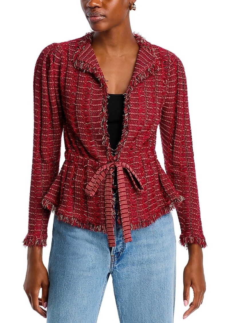 Misook Linear Fringe Tweed Belted Knit Jacket