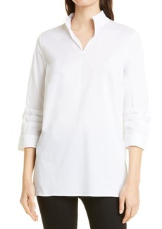 Misook Ruched Sleeve Cotton Blend Top in White at Nordstrom