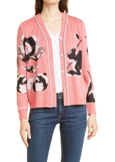 Misook Whipstitch Trim Floral Cardigan in Sugar Coral/Pink Clay/Black at Nordstrom