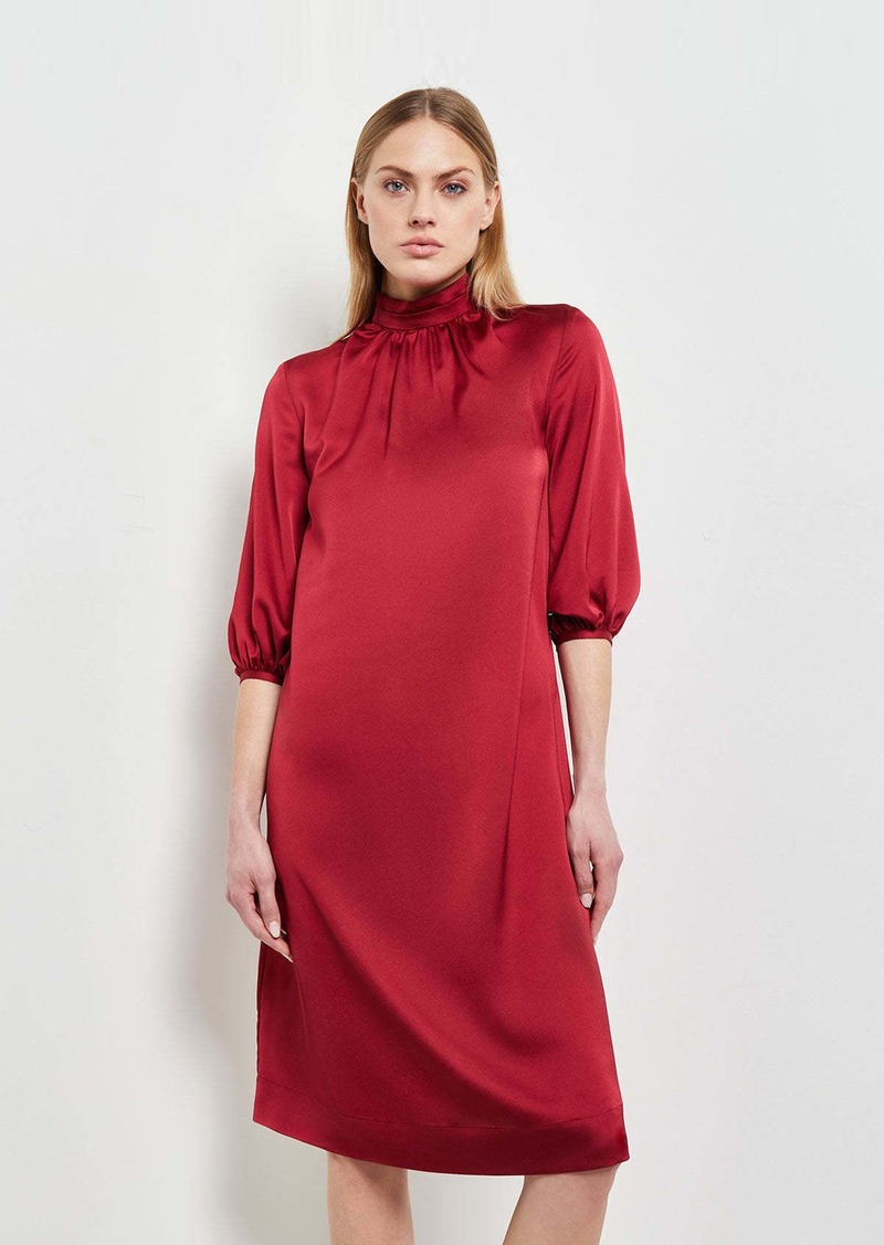 Misook Pleated Mock Neck Crepe de Chine A-Line Dress