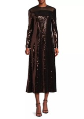 Misook Sequined A-Line Sheer Yoke Maxi Dress