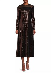 Misook Sequined A-Line Sheer Yoke Maxi Dress