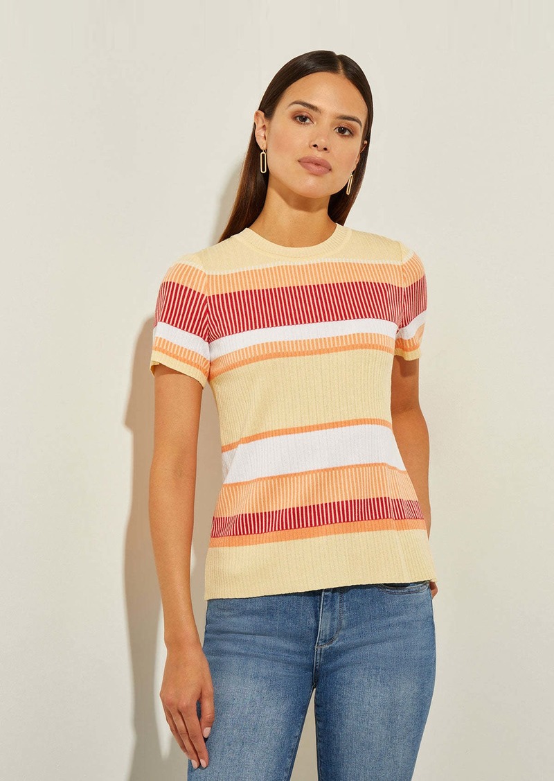 Misook Short Sleeve Intarsia Striped Soft Knit Top