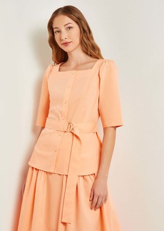 Misook Square Neck Button Front Blouse - Belted Faux Cupro Silk