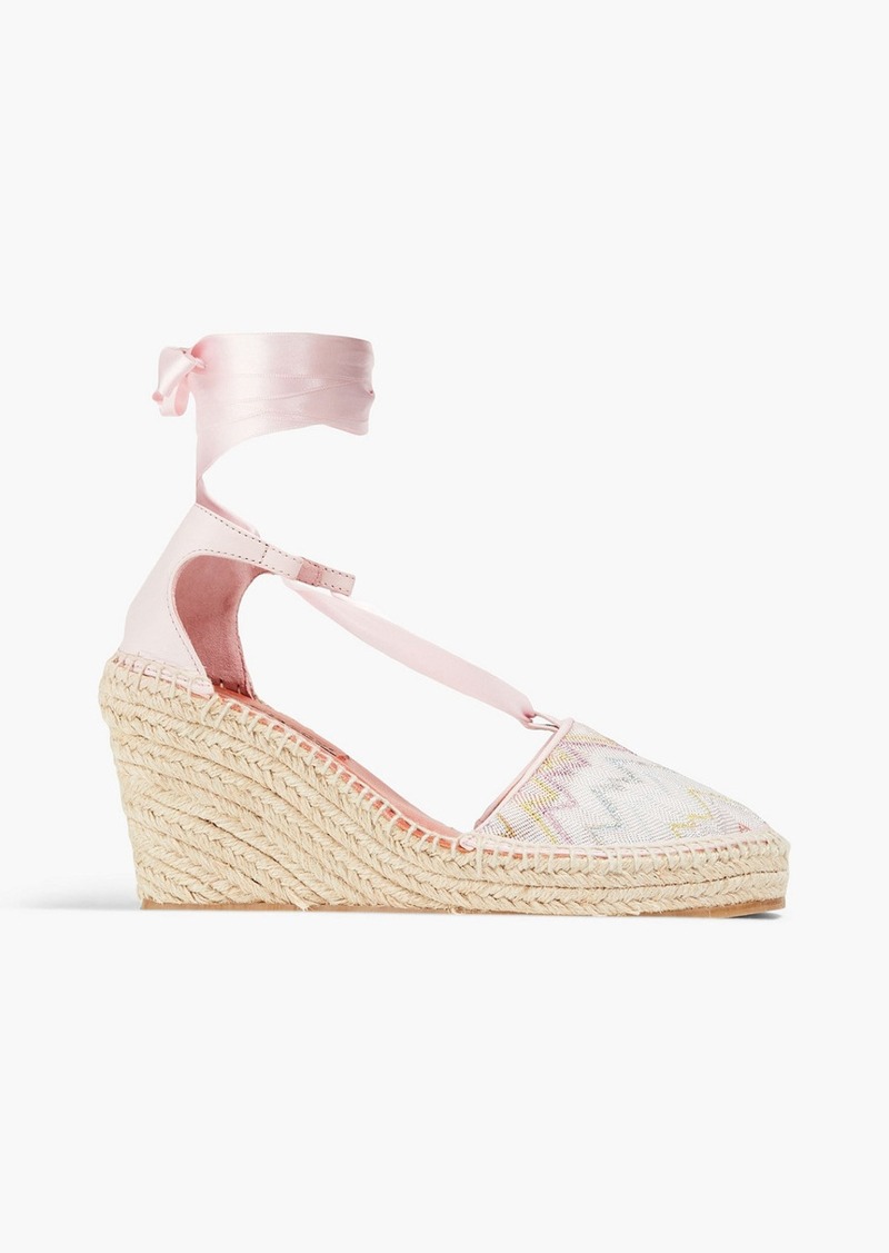 Missoni - Satin and leather-trimmed crochet-knit wedge espadrilles - Pink - EU 36