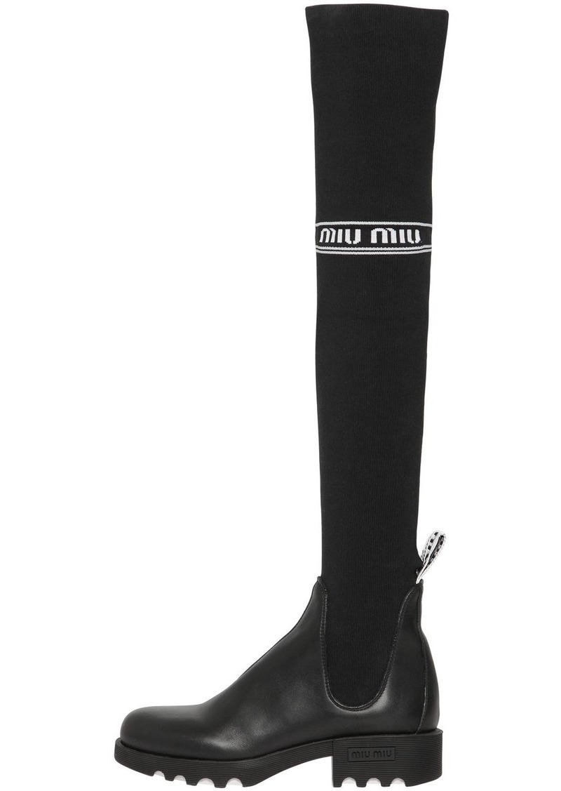 Miu Miu 40mm Leather & Knit Over The Knee Boots