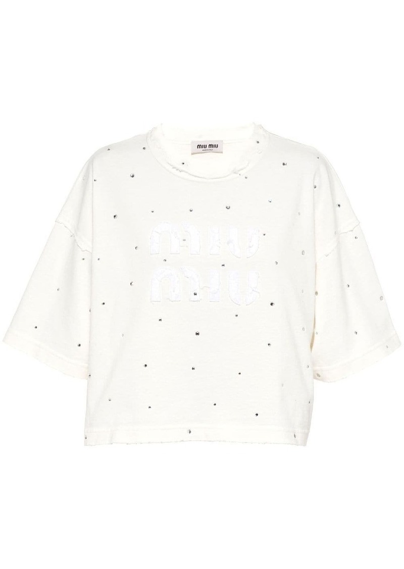 Miu Miu crystal-embellished distressed cropped T-shirt