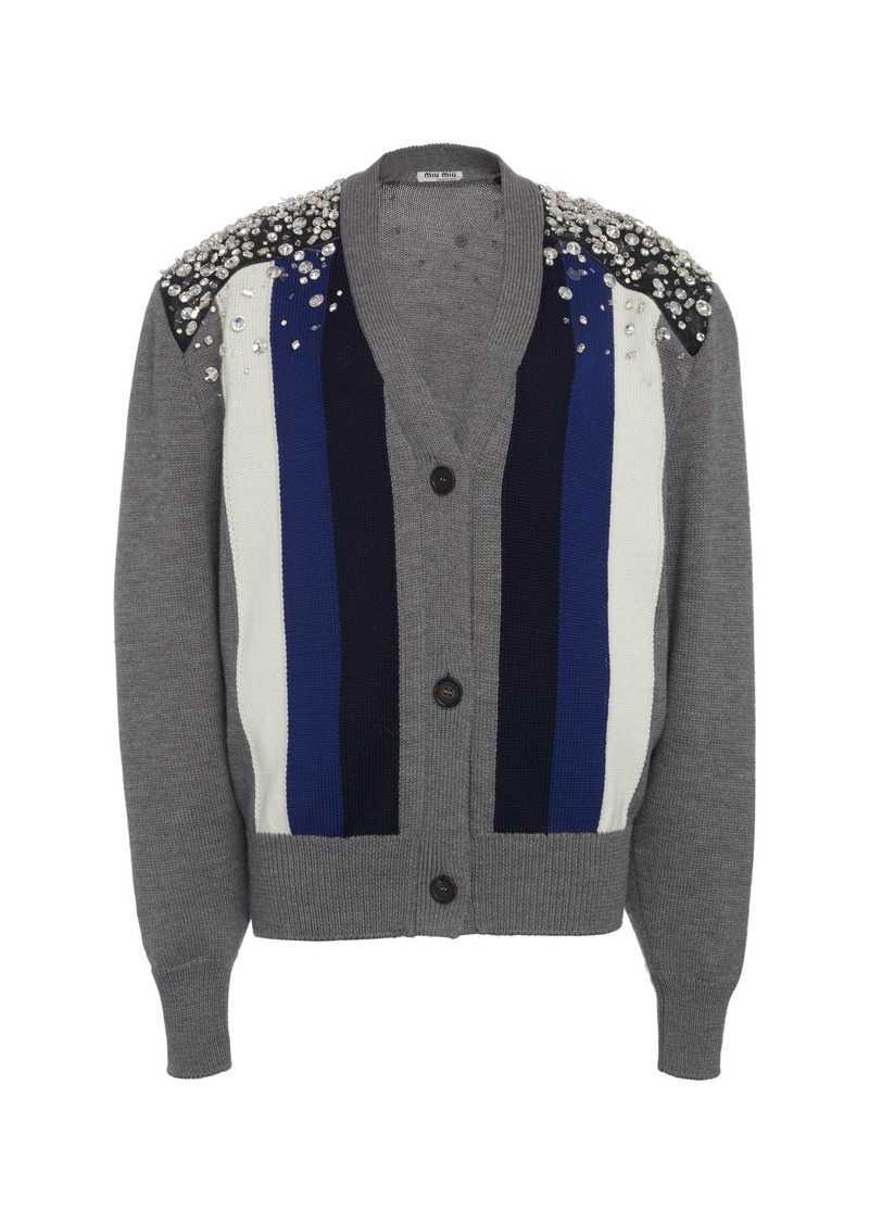 Miu Miu - Embellished Striped Wool Cardigan - Grey - IT 42 - Moda Operandi