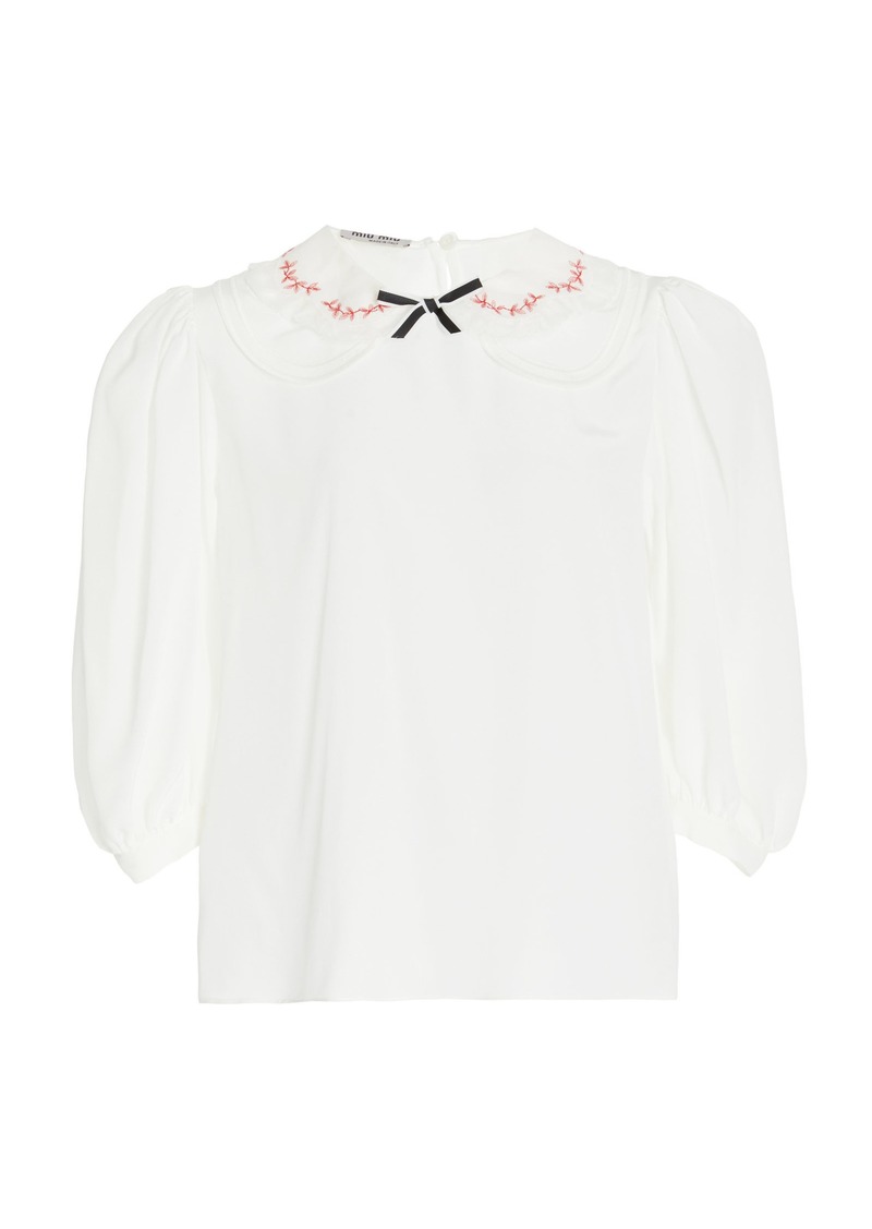 Miu Miu - Embroidered Crepe De Chine Top  - White - IT 38 - Moda Operandi