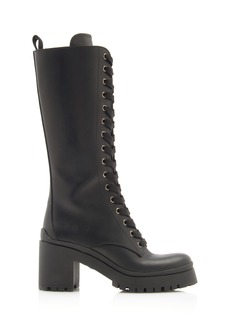 Miu Miu - Lace-Up Leather Knee-Length Combat Boots - Black - IT 38 - Moda Operandi