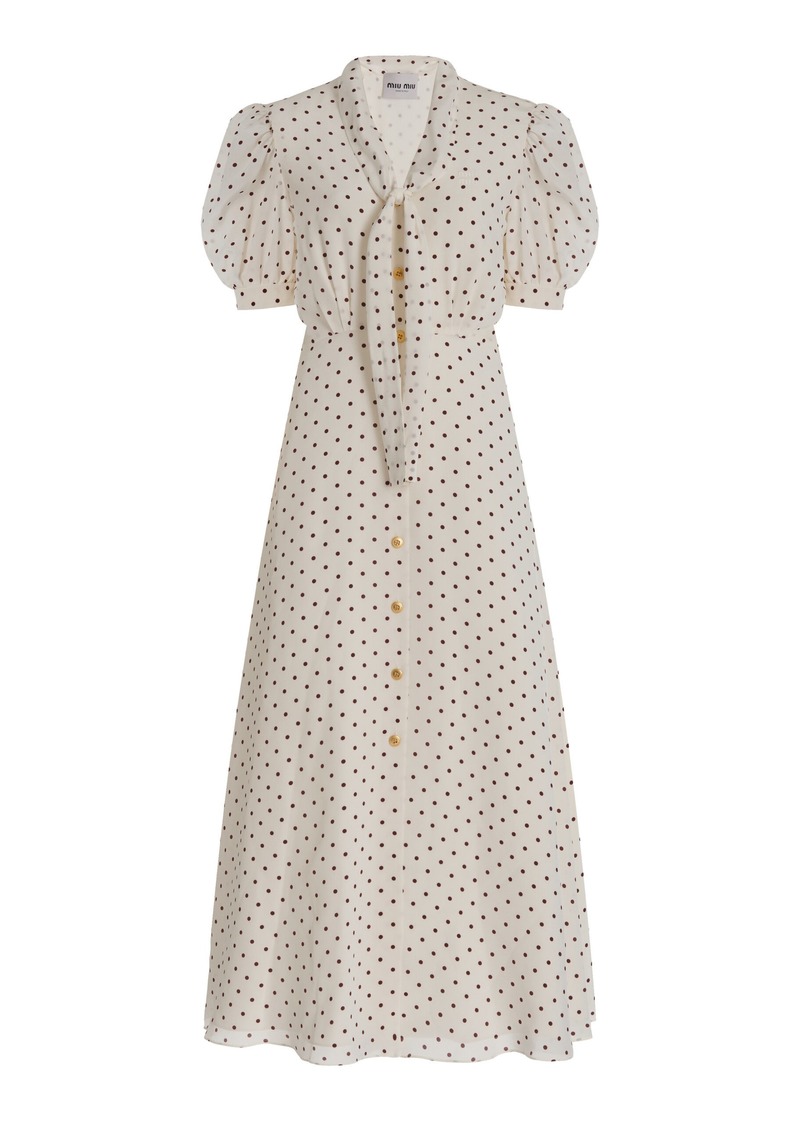 Miu Miu - Polka-Dotted Silk Midi Dress - White - IT 42 - Moda Operandi