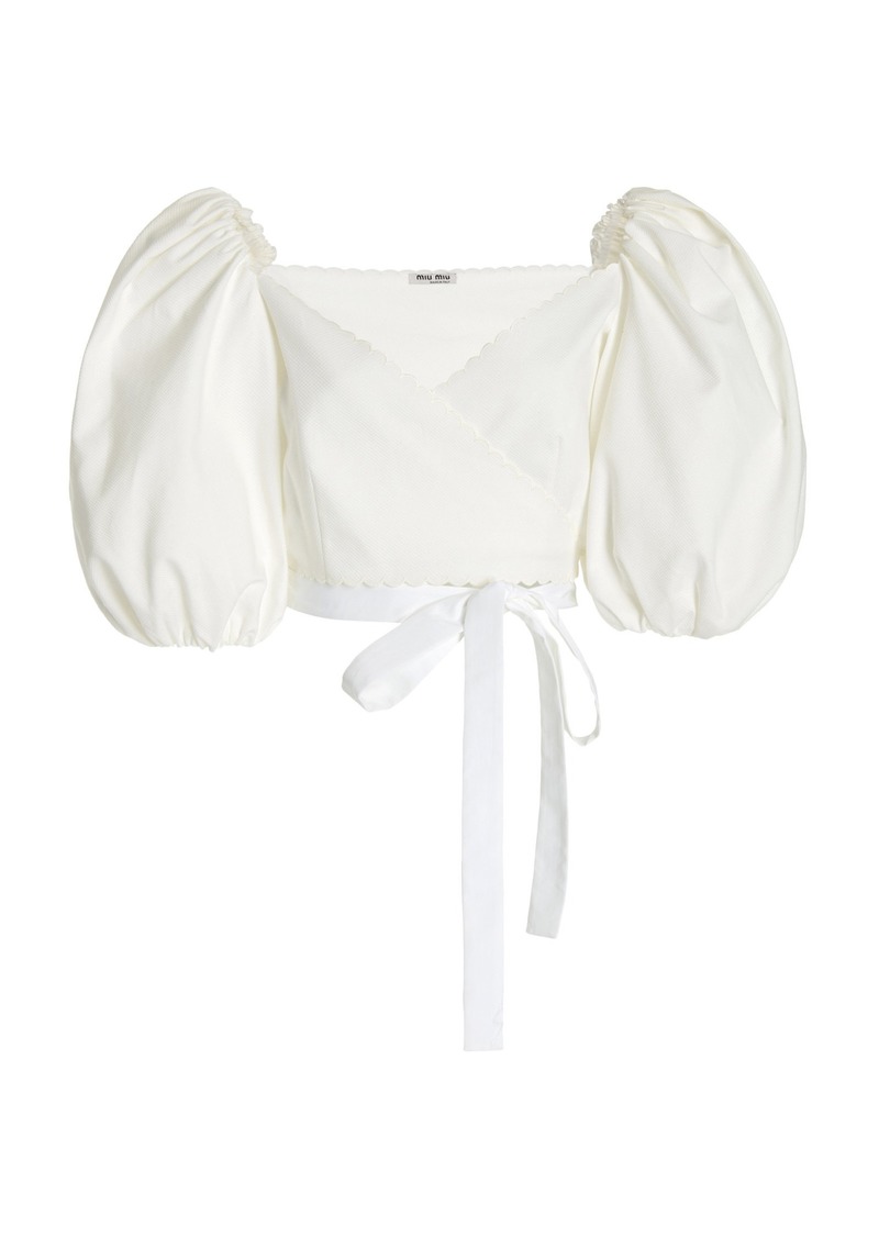 Miu Miu - Puff-Sleeve Cotton Pique Cropped Wrap Top - White - IT 40 - Moda Operandi