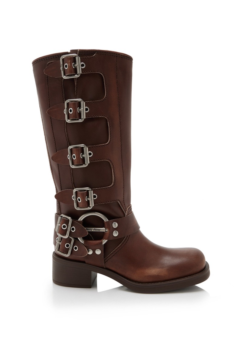 Miu Miu - Stivali Buckle-Detailed Leather Knee Boots - Brown - IT 39 - Moda Operandi