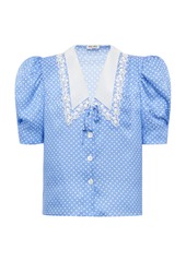 Miu Miu - Women's Polka-Dot Satin Jacquard Puff-Sleeve Top - Blue - Moda Operandi