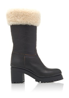 Miu Miu - Shearling-Trimmed Leather Boots - Black - IT 35 - Moda Operandi