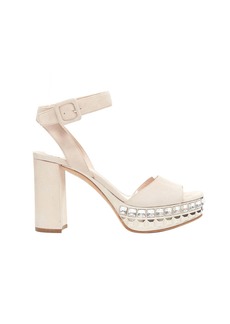 MIU MIU beige suede silver rhinestone crystals platform sandal heels