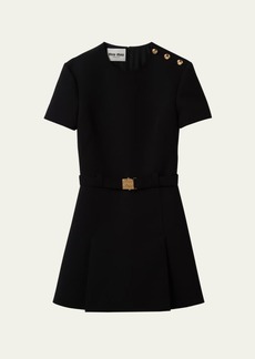 Miu Miu Button-Shoulder Short-Sleeve Belted Grain De Poudre Mini Dress