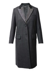 Miu Miu Crystal-Embellished Prince of Wales Checked Coat in Grey Wool