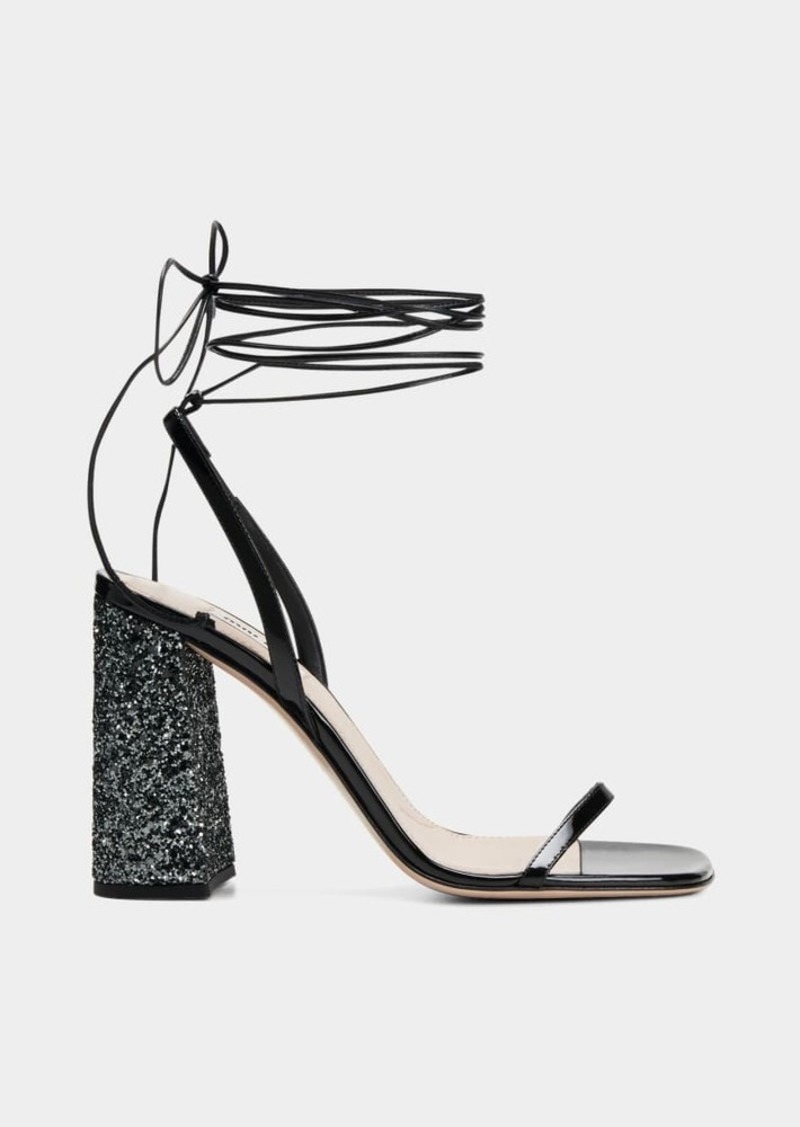 Miu Miu Glitter Leather Ankle-Wrap Sandals