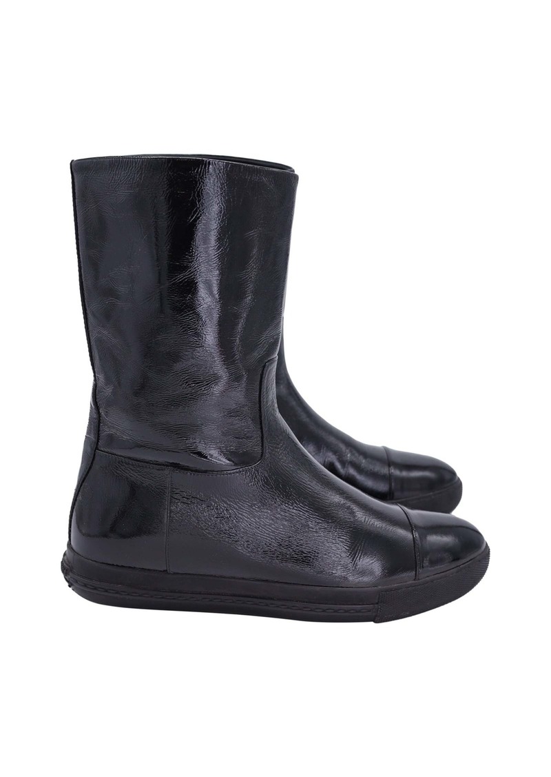 Miu Miu Mid-Calf Flat Boots in Black Patent Calf Leather