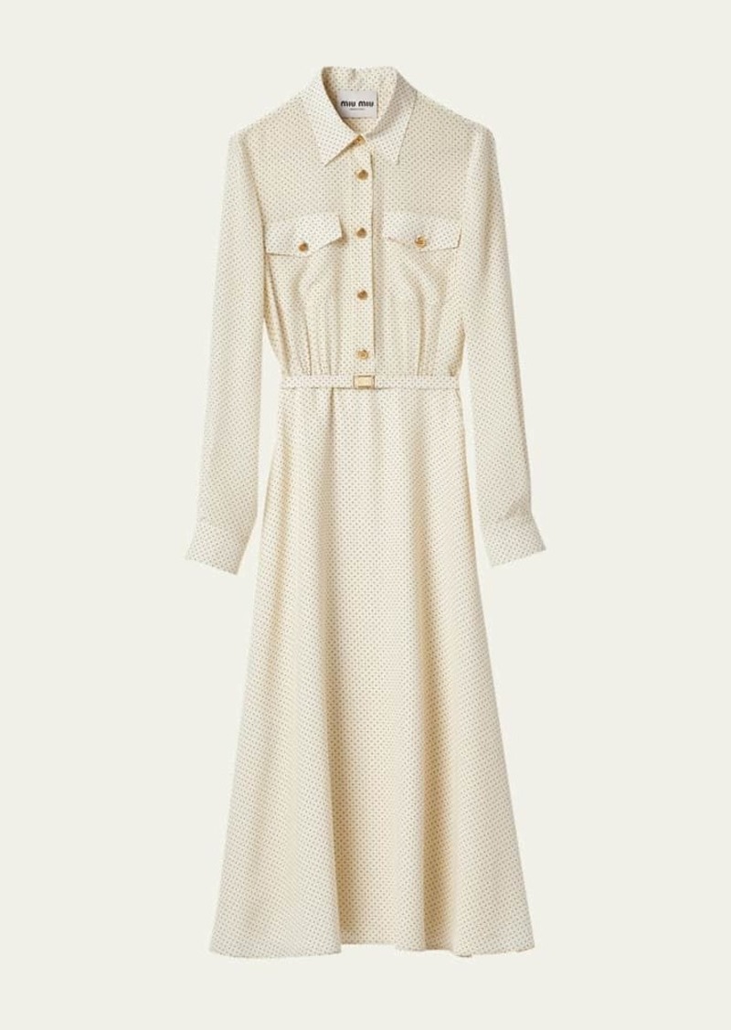 Miu Miu Polka Dot Belted Midi Silk Dress