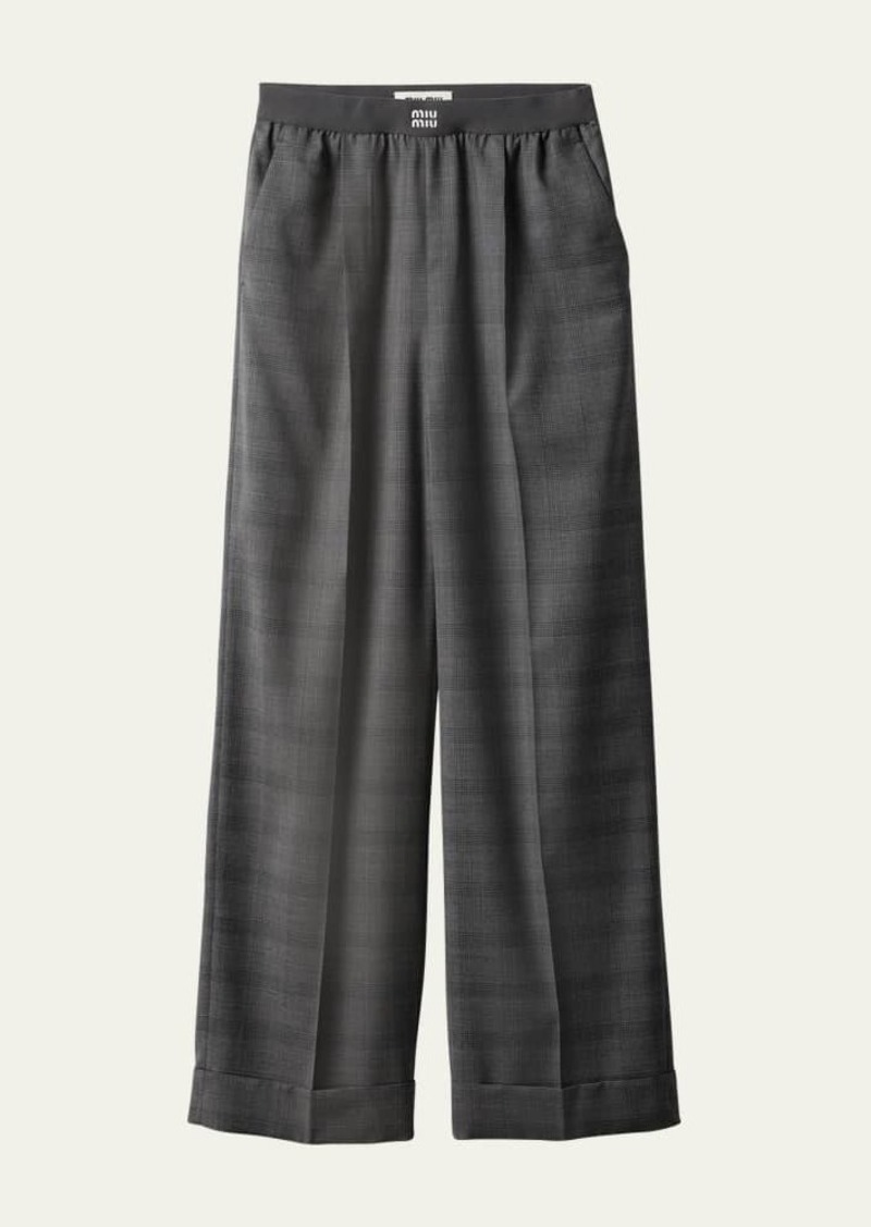 Miu Miu Prince of Wales Wide Leg Wool Trousers with Elastic Waistband