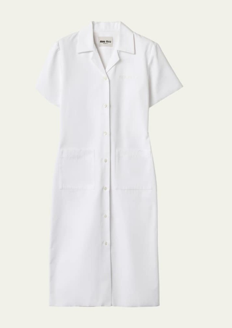 Miu Miu Short-Sleeve Poplin Button Down Midi Dress