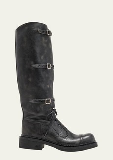 Miu Miu Antic Buckle Distressed Leather Knee-High Boots