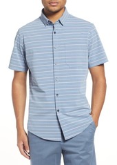 Mizzen+Main Leeward Trim Fit Stripe Short Sleeve Performance Button-Up Shirt in Chambray Horizontal Stripe at Nordstrom