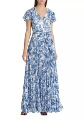 ML Monique Lhuillier Flutter Sleeve Pleated Maxi Dress