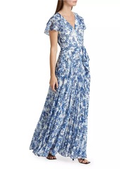 ML Monique Lhuillier Flutter Sleeve Pleated Maxi Dress