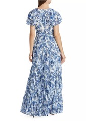 ML Monique Lhuillier Flutter Sleeve Pleated Maxi Dress