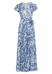 ML Monique Lhuillier Flutter Sleeve Pleated Maxi Dress