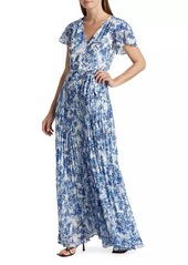 ML Monique Lhuillier Flutter Sleeve Pleated Maxi Dress