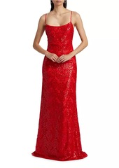 ML Monique Lhuillier Ila Floral Sequin-Lace Sleeveless Maxi Dress