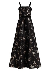 ML Monique Lhuillier Jacquard Floral Velvet-Trimmed Sleeveless Gown