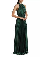 ML Monique Lhuillier Jacqueline Satin Pleated Halter Gown