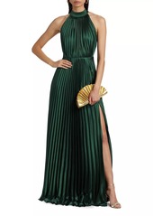 ML Monique Lhuillier Jacqueline Satin Pleated Halter Gown