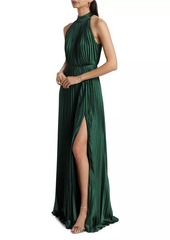 ML Monique Lhuillier Jacqueline Satin Pleated Halter Gown