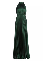 ML Monique Lhuillier Jacqueline Satin Pleated Halter Gown