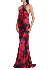 ML Monique Lhuillier Mallory Floral Satin Halterneck Gown